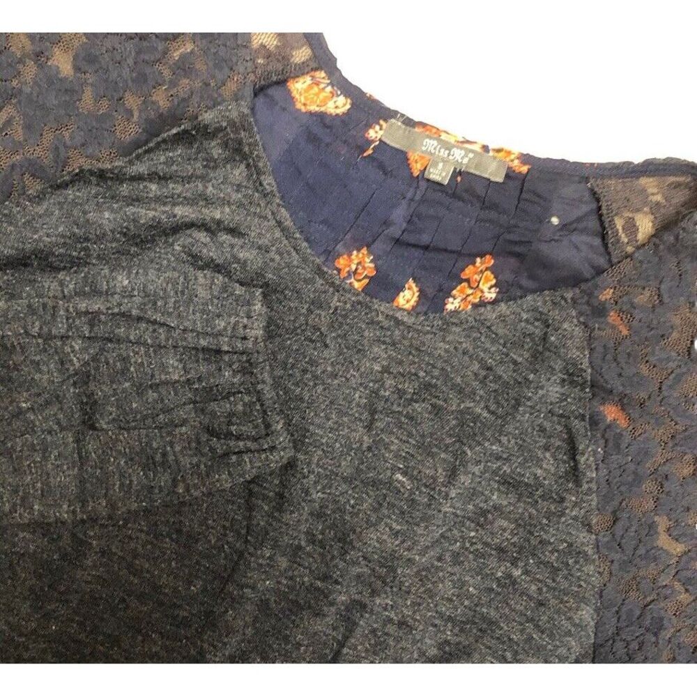 Miss Me Sweater S Navy Sheer Lace Shoulders High-low Floral Boho Mixed Media - Picture 2 of 11